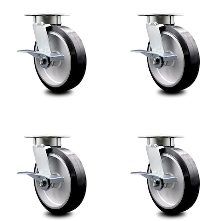 8 Inch Kingpinless Rubber On Aluminum Wheel Swivel Caster Set With Brakes SCC